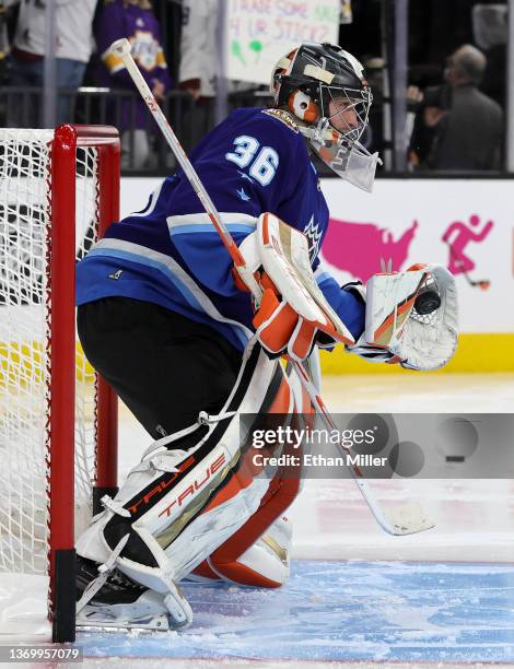 John Gibson of the Anaheim Ducks warms up before the 2022 Honda NHL All-Star Game at T-Mobile Arena on February 05, 2022 in Las Vegas, Nevada.