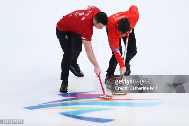 Hammy McMillan and Grant Hardie of Team Great Britain compete against Team Norway during the Men's Round Robin Curling Session Four on Day 7 of the...