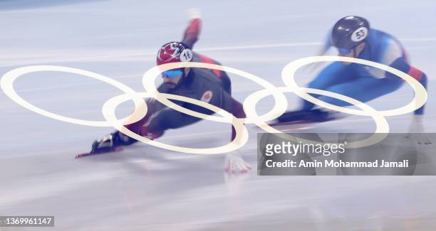 Steven Dubois of Team Canada competes during the Men's Men's 5000m Relay - Semifinal 2 Heats two day seven of the Beijing 2022 Winter Olympic Games...