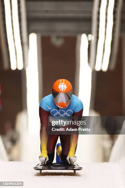 Christopher Grotheer of Team Germany slides during the Men's Skeleton Heat 4 on day seven of Beijing 2022 Winter Olympic Games at National Sliding...