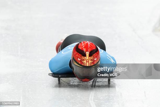 Zheng Yin of Team China slides during the Men's Skeleton Heat 3 on day seven of Beijing 2022 Winter Olympic Games at National Sliding Centre on...