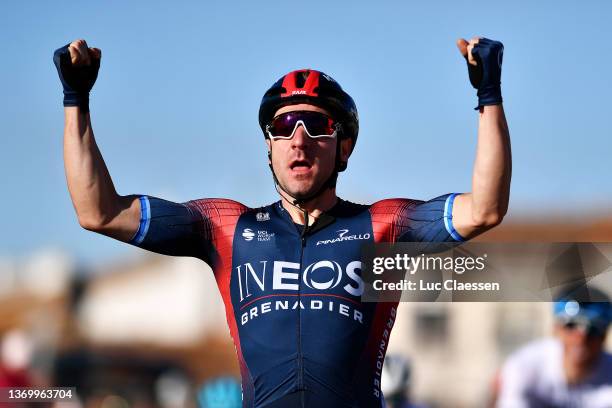 Elia Viviani of Italy and Team INEOS Grenadiers celebrates at finish line as stage winner during the 6th Tour De La Provence 2022 - Stage 1 a 159,3km...
