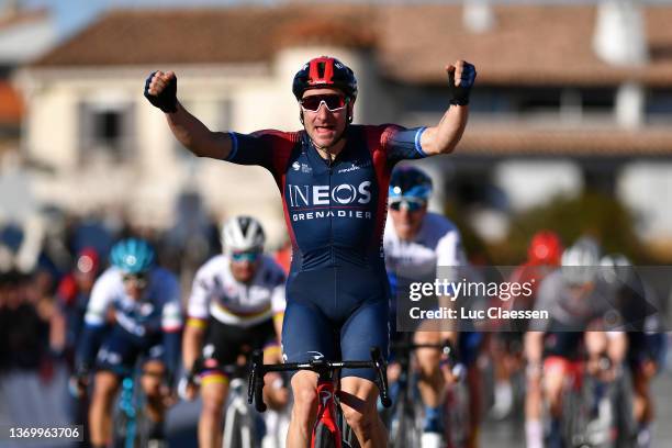 Elia Viviani of Italy and Team INEOS Grenadiers celebrates at finish line as stage winner during the 6th Tour De La Provence 2022 - Stage 1 a 159,3km...
