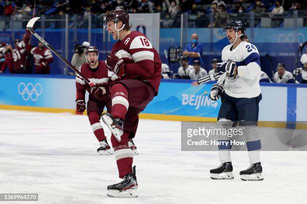 Rodrigo Abols of Team Latvia reacts after a goal in the third period during the Men's Ice Hockey Preliminary Round Group C match against Team Finland...