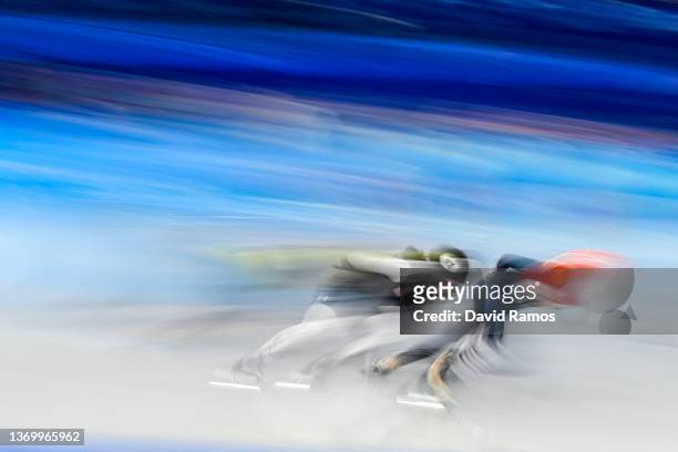 Maame Biney of Team United States competes during the Women's 1000m Quarterfinals on day seven of the Beijing 2022 Winter Olympic Games at Capital...
