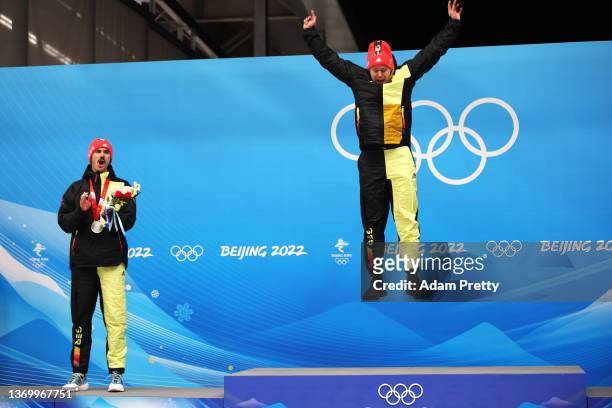 Christopher Grotheer of Team Germany reacts after winning the gold medal for the Men's Skeleton on day seven of Beijing 2022 Winter Olympic Games at...