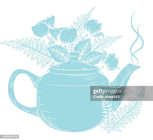 teapot with flowers silhouette on a transparent background - blue teapot stock illustrations