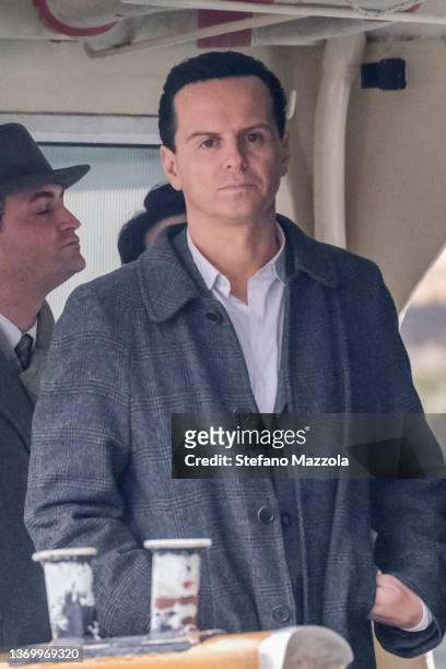 Irish actor Andrew Scott is seen during the filming of the TV series "Ripley" on February 11, 2022 in Venice, Italy.