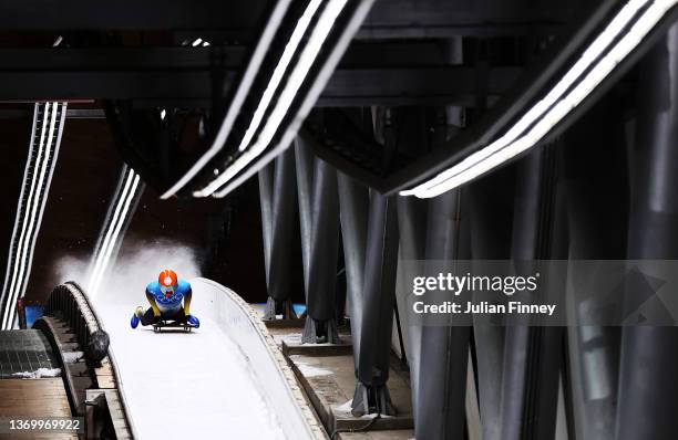 Axel Jungk of Team Germany slides during the Men's Skeleton Heat 4 on day seven of Beijing 2022 Winter Olympic Games at National Sliding Centre on...