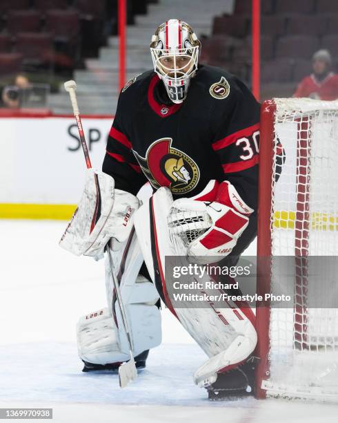 Matt Murray of the Ottawa Senators tends net against the Pittsburgh Penguins during the third period at the Canadian Tire Centre on February 10, 2022...