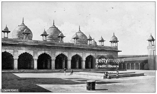 antique travel photographs of india: pearl mosque - moti masjid mosque stock illustrations