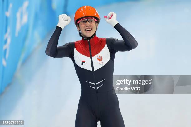 Suzanne Schulting of Team Netherlands celebrates winning the Gold medal during the Women's 1000m Final A on day seven of the Beijing 2022 Winter...