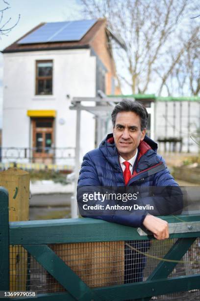 Labour’s Shadow Energy and Climate Change Secretary Ed Miliband poses outside Heeley Energy House at Heeley City Farm on February 11, 2022 in...