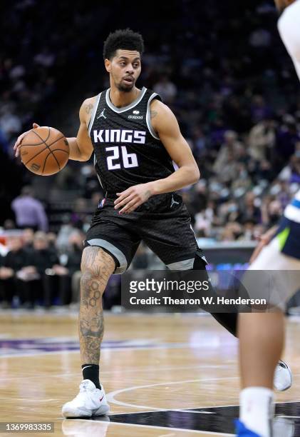 Jeremy Lamb of the Sacramento Kings dribbling the ball against the Minnesota Timberwolves during the first half of an NBA basketball game at Golden 1...