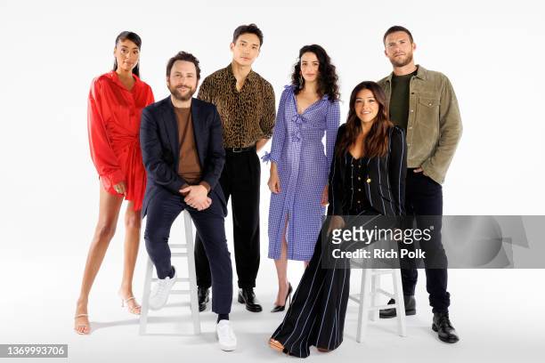 In this image released on February 11, Clark Backo, Charlie Day, Manny Jacinto, Jenny Slate, Gina Rodriguez and Scott Eastwood from the cast of 'I...