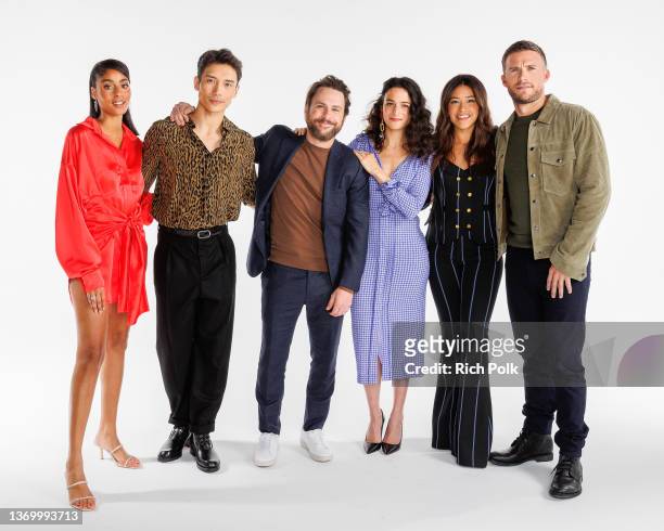 In this image released on February 11, Clark Backo, Manny Jacinto, Charlie Day, Jenny Slate, Gina Rodriguez and Scott Eastwood from the cast of 'I...
