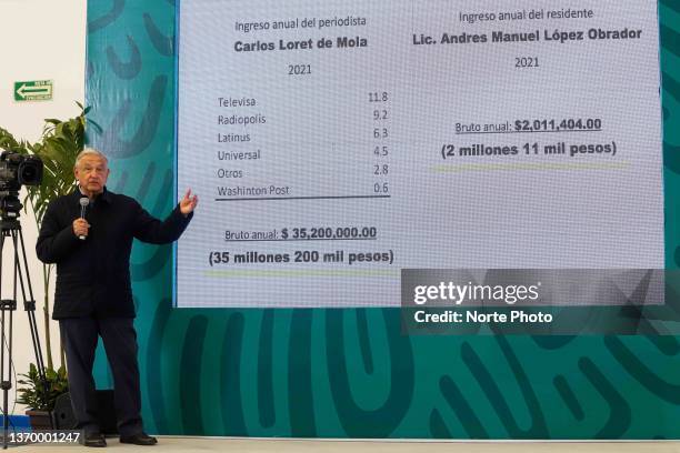 President of Mexico Andres Manuel Lopez Obrador shows the annual income of journalist Carlos Loret de Mola a compared to his income as president...