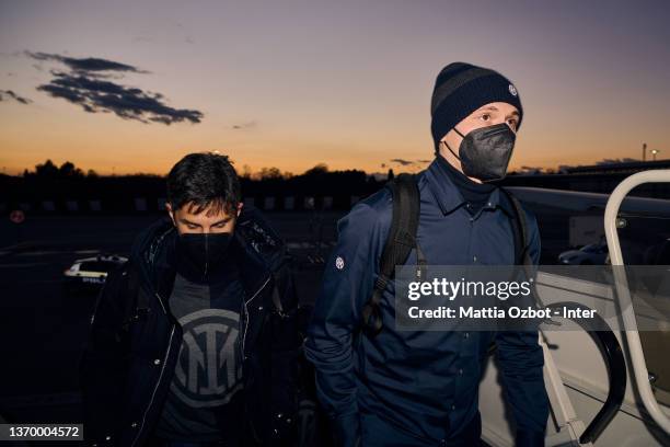 Nicolò Barella of FC Internazionale get on the plane as the team travel to Napoli from Malpensa Airport on February 11, 2022 in Milan, Italy.
