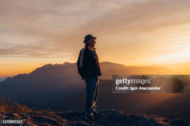 senior man enjoying sunset at the top of the mountain - old silhouette man stock pictures, royalty-free photos & images