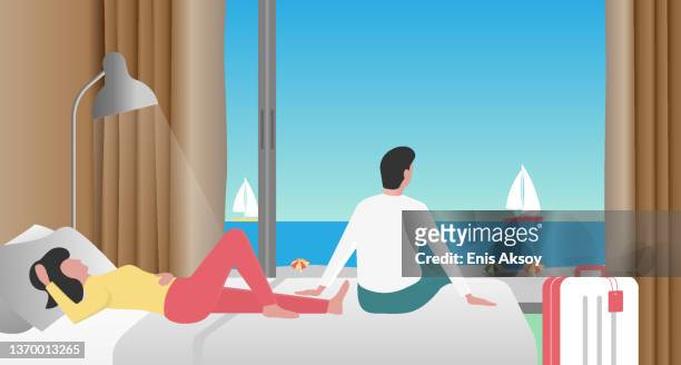 young couple resting in hotel bedroom after check-in - hotel luxury stock illustrations