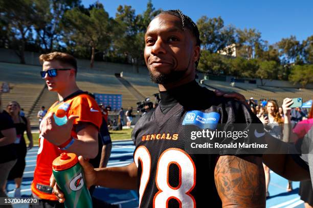 Joe Mixon of the Cincinnati Bengals smiles during practice in preparation for Super Bowl LVI at UCLA's Drake Stadium on February 11, 2022 in Los...