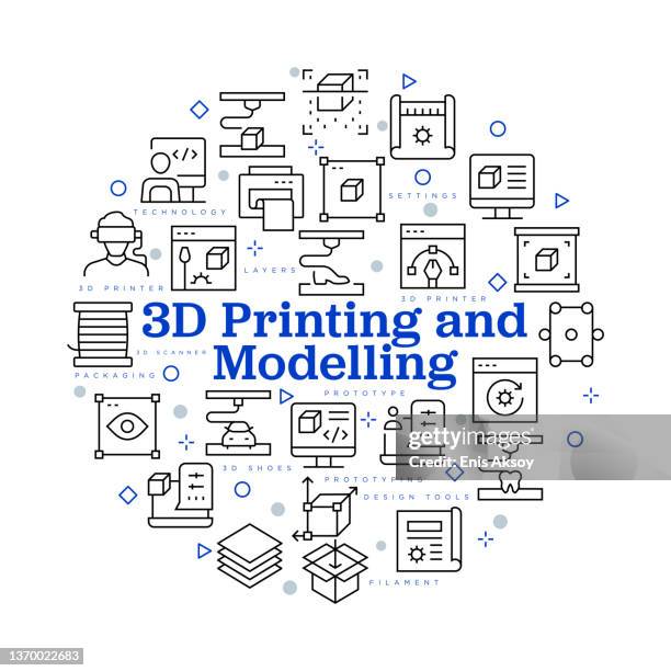 3d printing and modelling concept. vector design with icons and keywords. - prototype icon stock illustrations