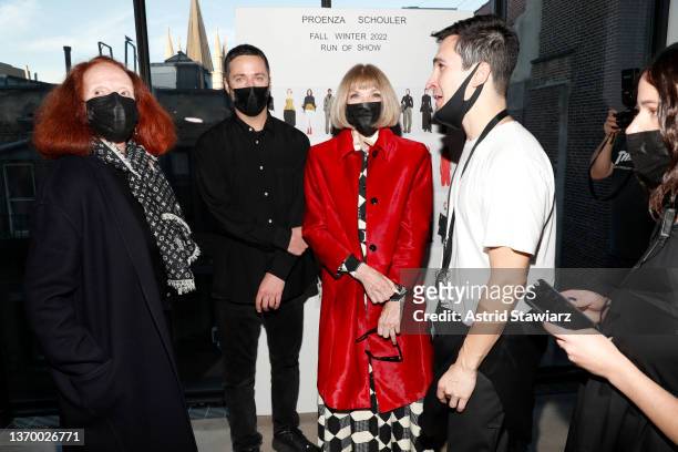 Grace Coddington and Anna Wintour backstage at MERIT, The Official Makeup Sponsor For The Proenza Schouler Show on February 11, 2022 in New York City.