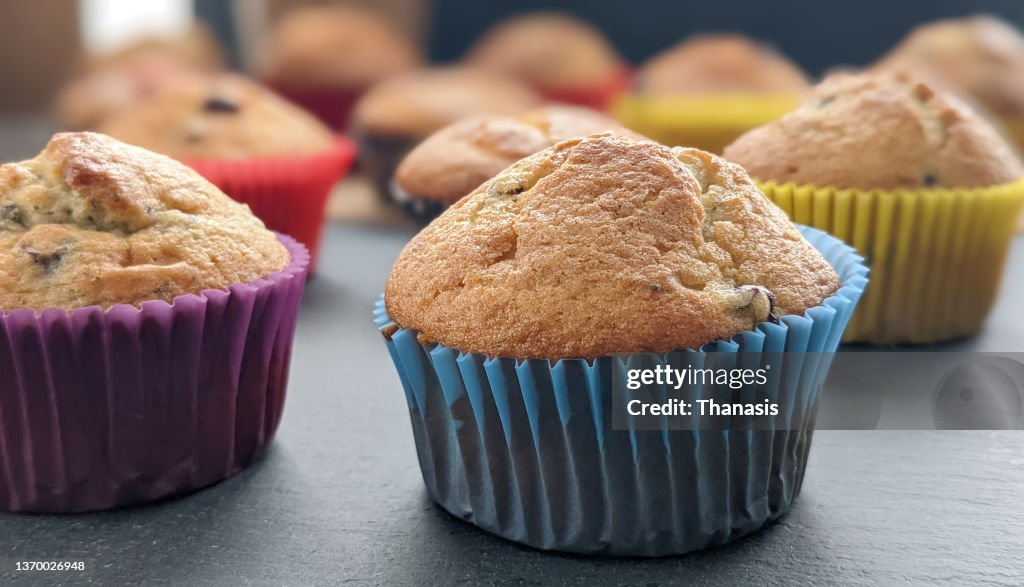 Close-up on a chocolate chip muffin
