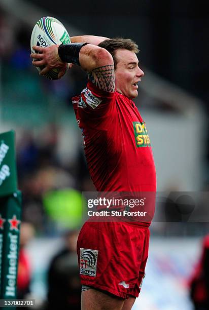 Scarlets captain Matthew Rees in action during the Pool One Heineken Cup Match between Scarlets and Northampton Saints at Parc y Scarlets on January...