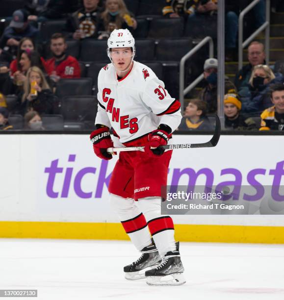 Andrei Svechnikov of the Carolina Hurricanes skates against the Boston Bruins during the first period at the TD Garden on February 10, 2022 in...