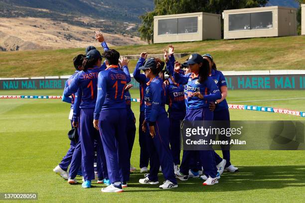Indian team huddle during game one of the One Day International Series between the New Zealand White Ferns and India at John Davies Oval on February...