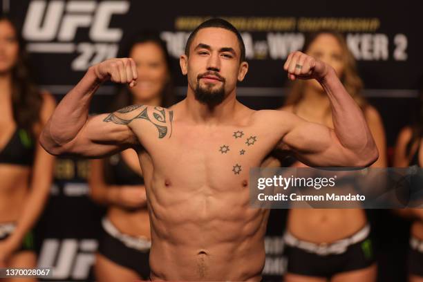 Robert Whittaker of Australia weighs in prior to UFC 271 at Toyota Center on February 11, 2022 in Houston, Texas.