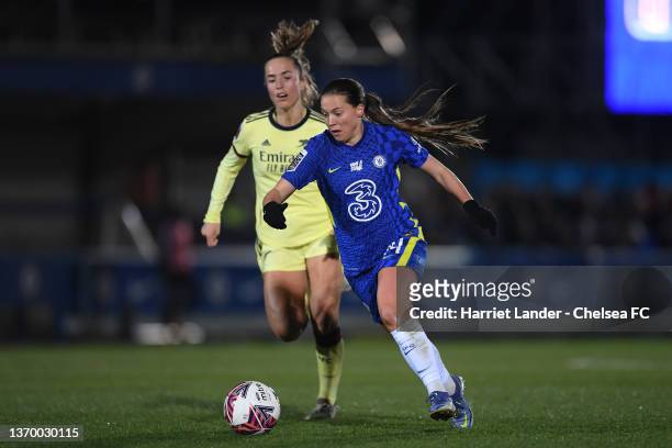 Fran Kirby of Chelsea is challenged by Lia Walti of Arsenal during the Barclays FA Women's Super League match between Chelsea Women and Arsenal Women...