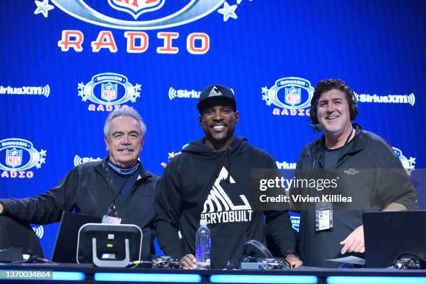 SiriusXM host Pat Kirwan, former NFL player Patrick Peterson and SiriusXM host Jim Miller attend day 3 of SiriusXM At Super Bowl LVI on February 11,...