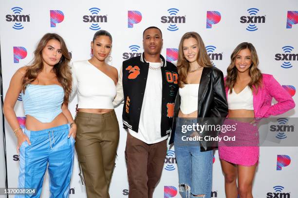 Brooks Nader, Kamie Crawford, Marcus Peters of the Baltimore Ravens, Josephine Skriver and Katie Austin attend day 3 of SiriusXM At Super Bowl LVI on...