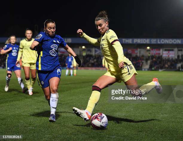 Steph Catley of Arsenal is closed down by Fran Kirby of Chelsea during the Barclays FA Women's Super League match between Chelsea Women and Arsenal...