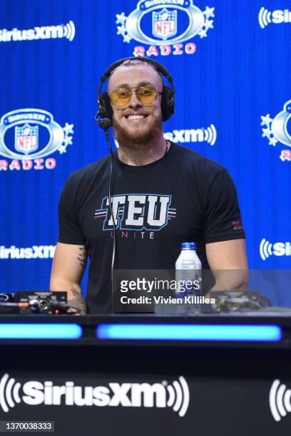 George Kittle of the San Francisco 49ers attends day 3 of SiriusXM At Super Bowl LVI on February 11, 2022 in Los Angeles, California.
