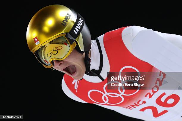 Dominik Peter of Team Switzerland competes during the Men's Large Hill Individual Qualification round on day 7 of Beijing 2022 Winter Olympics at...