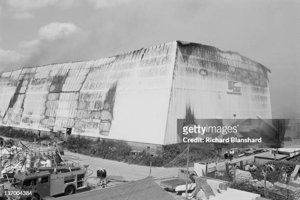 Fire destroys the 007 sound stage at Pinewood Studios in Buckinghamshire, 27th June 1984. The fire was caused by a gas explosion.