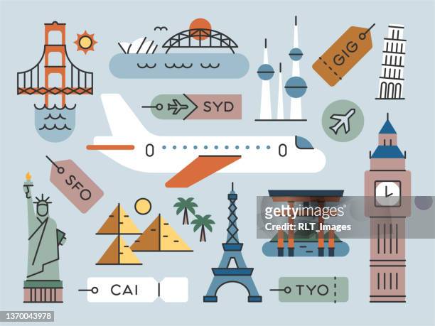ilustrações de stock, clip art, desenhos animados e ícones de world travel & landmarks—brightline series - airplane ticket