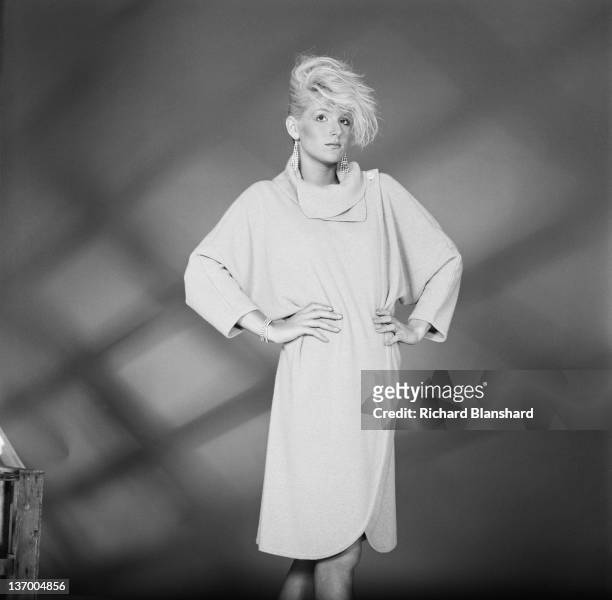Model wearing a knitted dress, 1984.