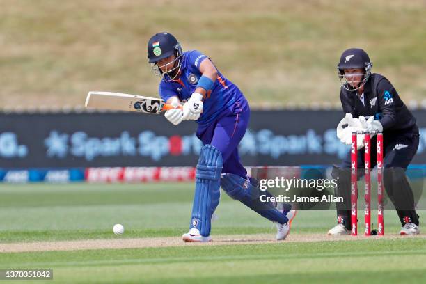 Indian player Shafali Verma bats during game one of the One Day International Series between the New Zealand White Ferns and India at John Davies...