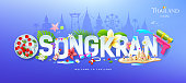 Songkran white message paper cut, thailand water festival fun banners design on thai building landmarks blue background