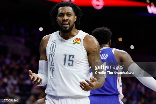 Derrick Favors of the Oklahoma City Thunder reacts during the first quarter against the Philadelphia 76ers at Wells Fargo Center on February 11, 2022...