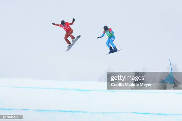 Meryeta Odine of Team Canada and Caterina Carpano of Team Italy during the Snowboard Mixed Team Cross Semifinals on Day 8 of the Beijing 2022 Winter...