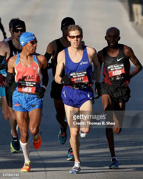 Meb Keflezighi, Ryan Hall and Abdi Abdirahman compete in the U.S. Marathon Olympic Trials January 14, 2012 in Houston, Texas.