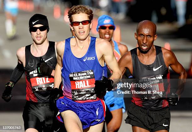 Dathan Ritzenhein, Ryan Hall, Meb Keflezighi and Abdi Abdirahman compete in the U.S. Marathon Olympic Trials January 14, 2012 in Houston, Texas.