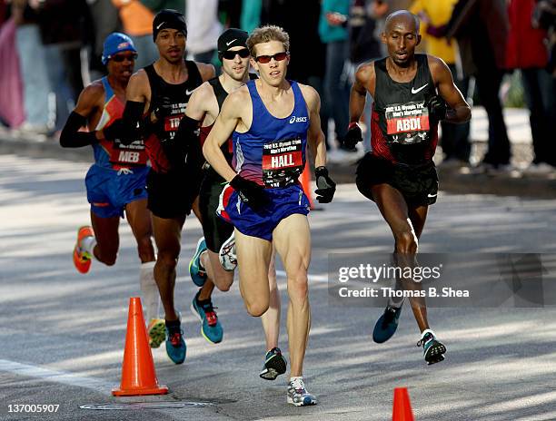 Dathan Ritzenhein, Ryan Hall, Meb Keflezighi and Abdi Abdirahman compete in the U.S. Marathon Olympic Trials January 14, 2012 in Houston, Texas.