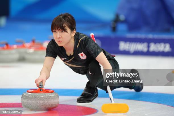 Yumi Suzuki of Team Japan competes against Team Denmark during the Women's Round Robin Curling Session on Day 8 of the Beijing 2022 Winter Olympic...