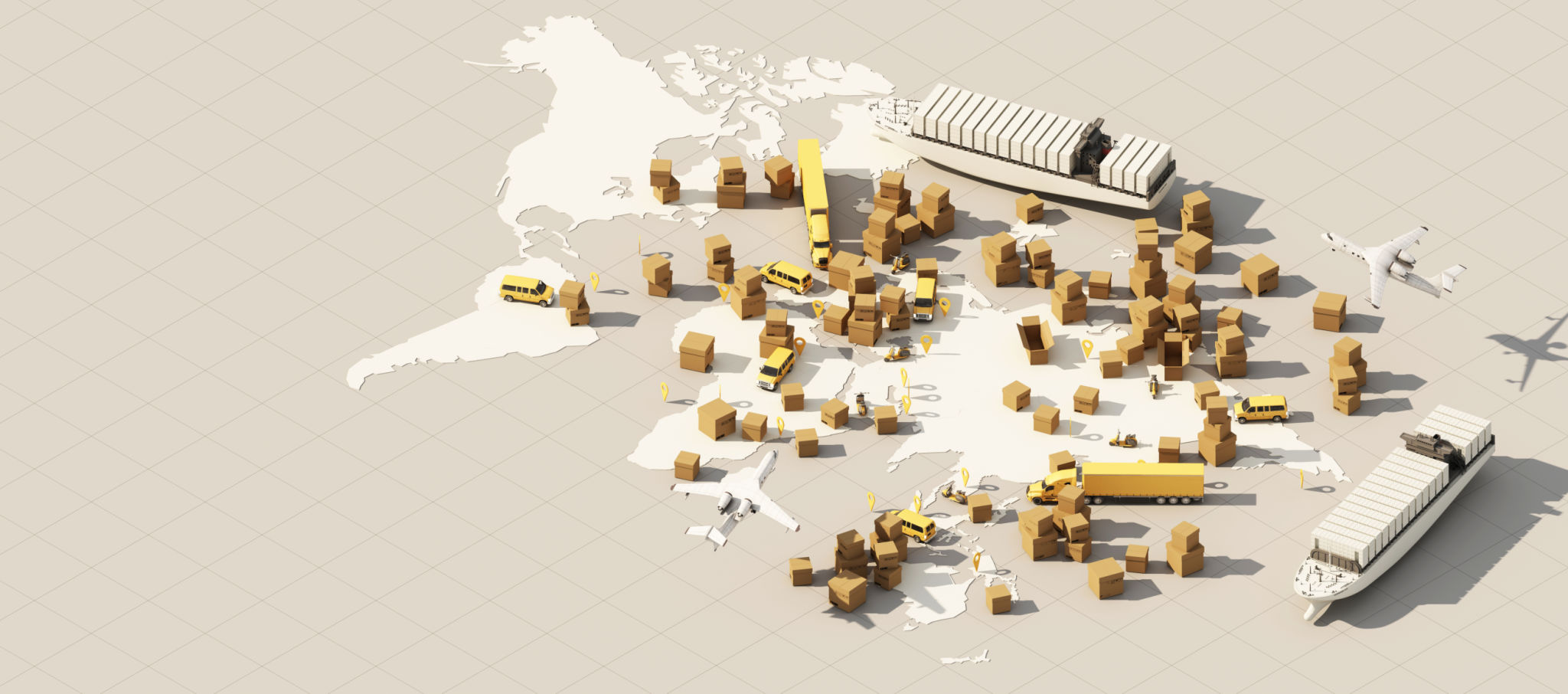 the Earth world map surrounded by cardboard boxes, a cargo container ship, a flying plane, a car, a van and a truck with gps location on white background 3D rendering isometric view the Earth world map surrounded by cardboard boxes, a cargo container ship, a flying plane, a car, a van and a truck with gps location on white background 3D rendering isometric view
